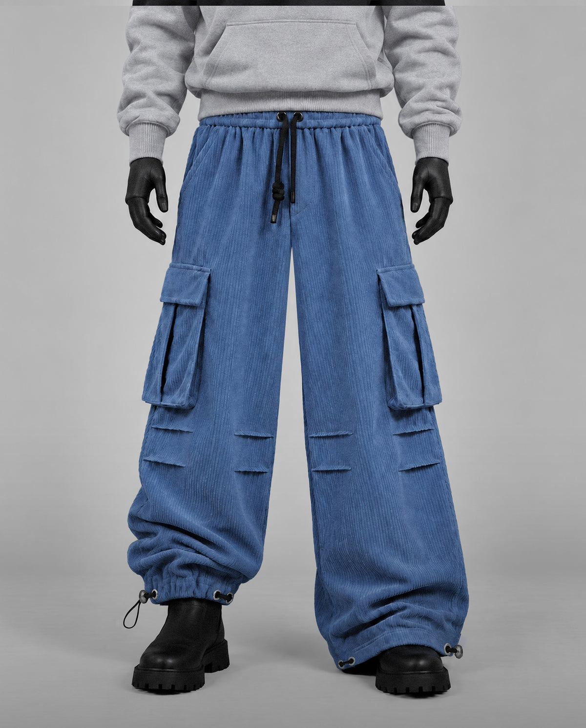 Baggy Ribbed Velvet Cargo Pants with Rear Phone Pocket – ( dusty Blue)