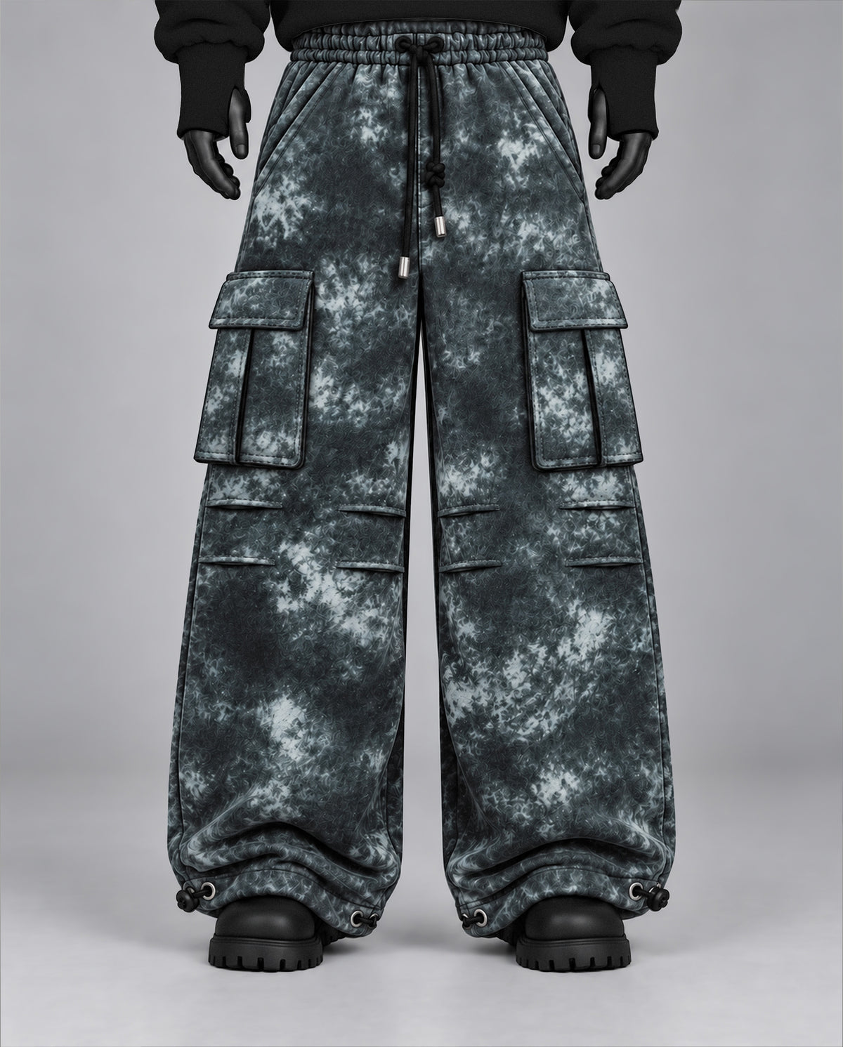 Oversize Baggy Marble Print Cargo Pants with Rear Phone Pocket – ( Charcoal Grey)