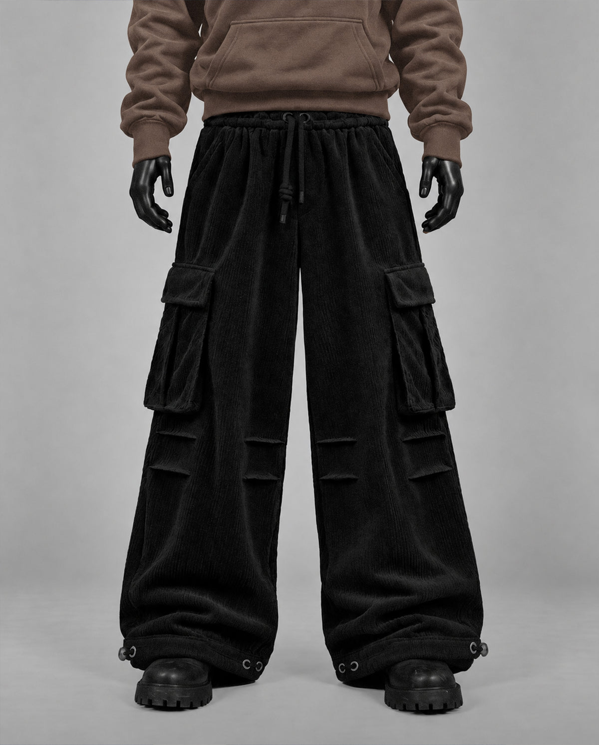 Baggy Ribbed Velvet Cargo Pants with Rear Phone Pocket – ( BLACK)