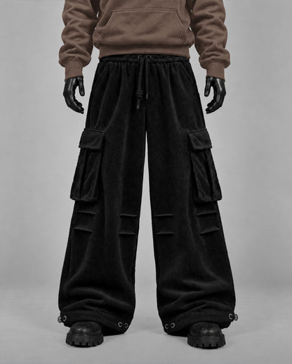 Baggy Ribbed Velvet Cargo Pants with Rear Phone Pocket – ( BLACK)
