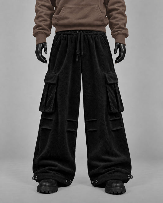 Baggy Ribbed Velvet Cargo Pants with Rear Phone Pocket – ( BLACK)