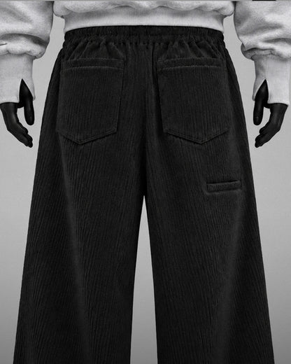Oversize Baggy Ribbed Velvet Pants with Rear Phone Pocket – ( BLACK)