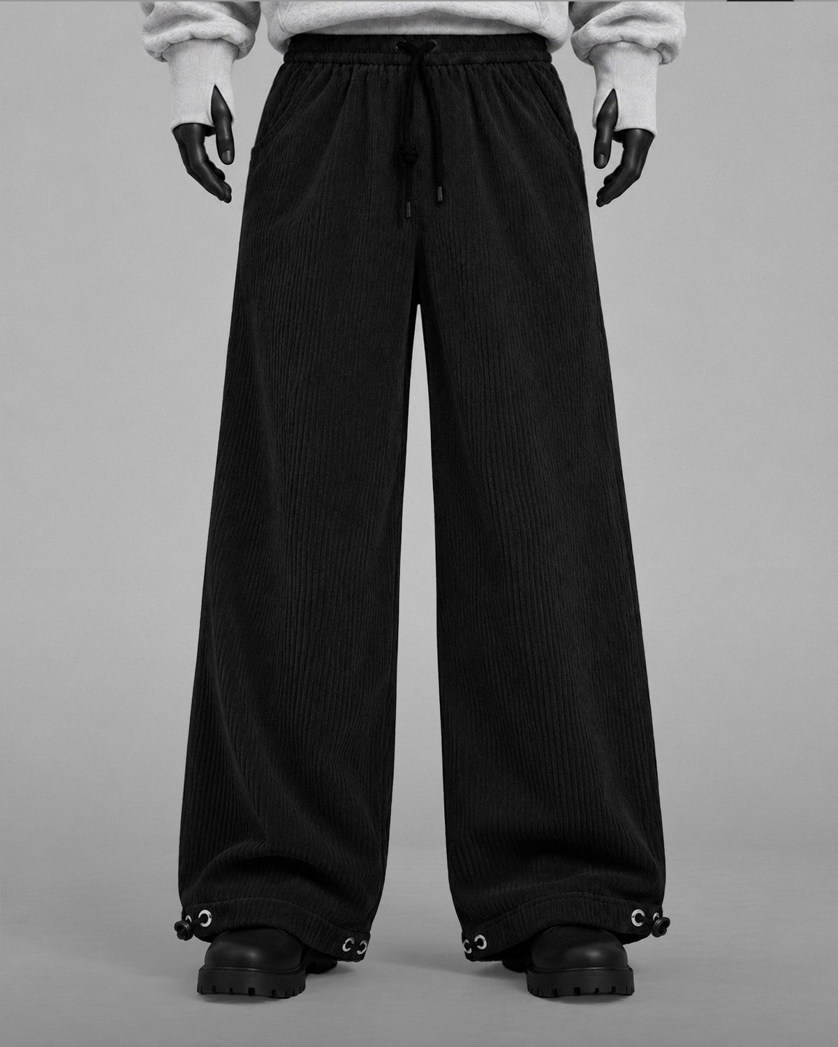 Oversize Baggy Ribbed Velvet Pants with Rear Phone Pocket – ( BLACK)