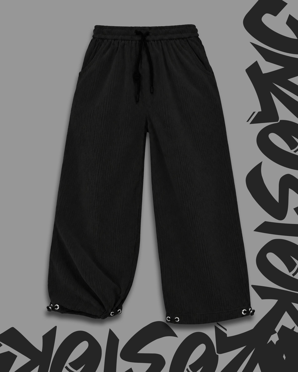 Oversize Baggy Ribbed Velvet Pants with Rear Phone Pocket – ( BLACK)