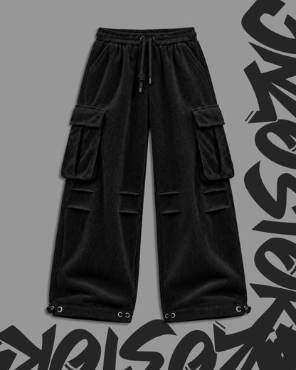 Baggy Ribbed Velvet Cargo Pants with Rear Phone Pocket – ( BLACK)
