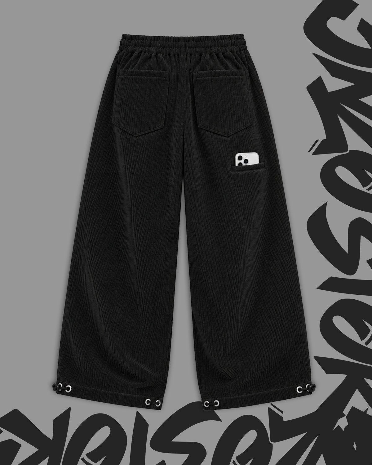 Oversize Baggy Ribbed Velvet Pants with Rear Phone Pocket – ( BLACK)