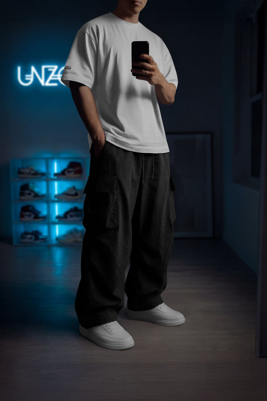 (GABARDINE )BLACK MULTI FIT (CARGO ) OVERSIZE SWEATPANT