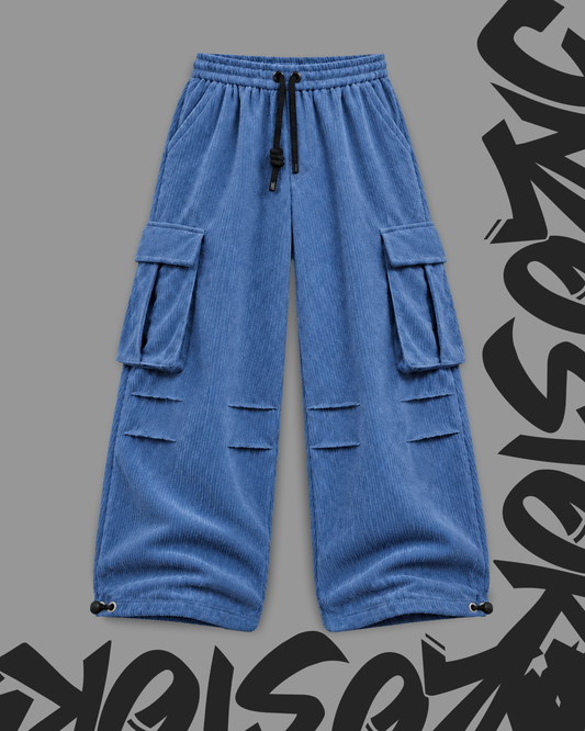 Baggy Ribbed Velvet Cargo Pants with Rear Phone Pocket – ( dusty Blue)