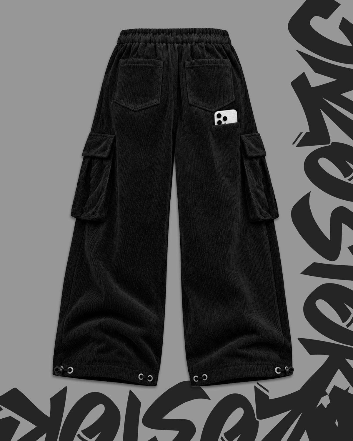 Baggy Ribbed Velvet Cargo Pants with Rear Phone Pocket – ( BLACK)