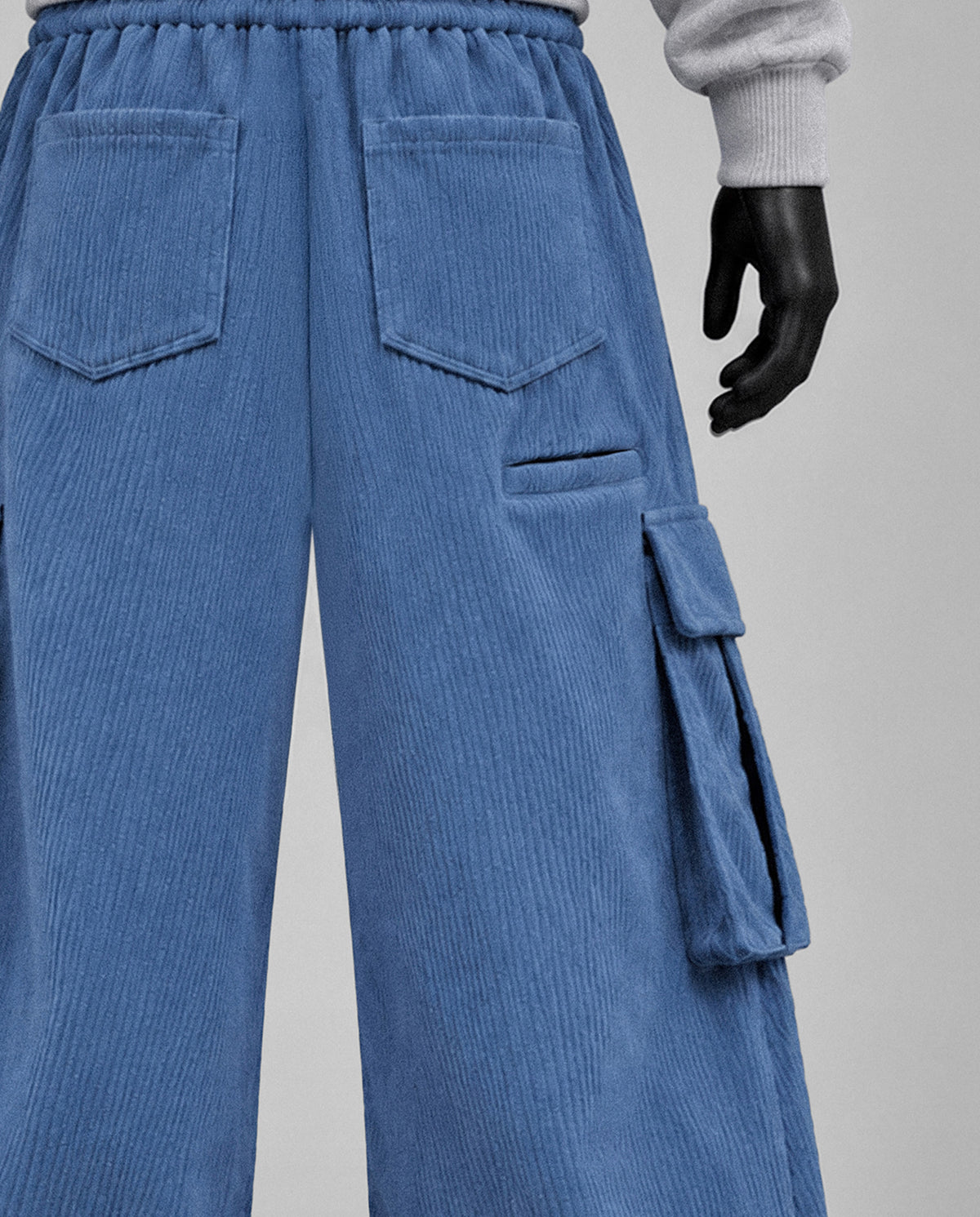 Baggy Ribbed Velvet Cargo Pants with Rear Phone Pocket – ( dusty Blue)