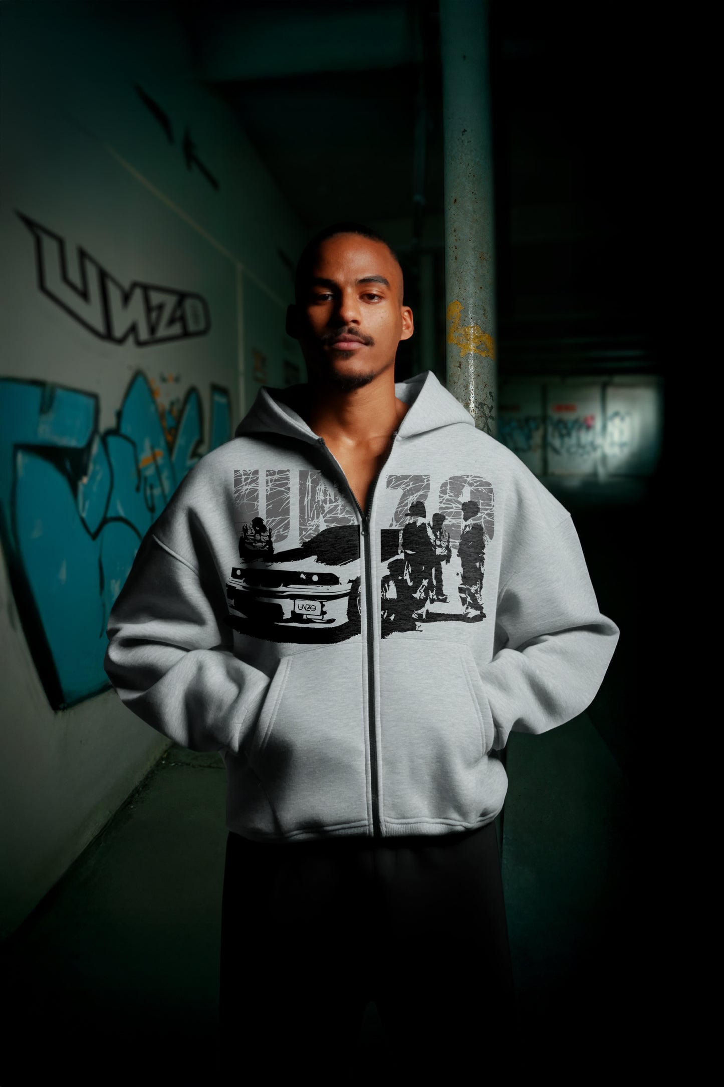 OVERSIZE ZIP UP MULTI FIT {UNZO GUYS} HOODIE {LITE GREY}