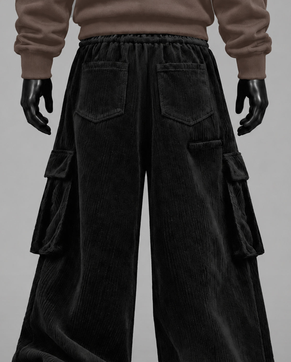 Baggy Ribbed Velvet Cargo Pants with Rear Phone Pocket – ( BLACK)