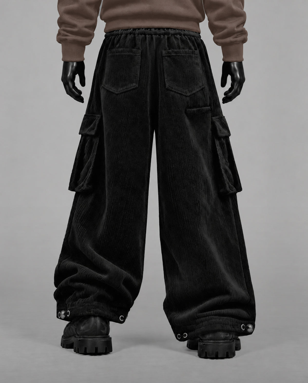 Baggy Ribbed Velvet Cargo Pants with Rear Phone Pocket – ( BLACK)