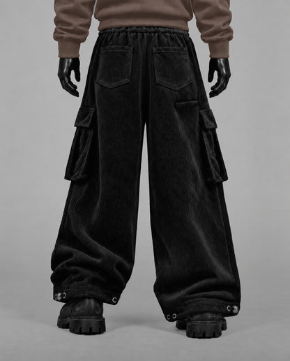 Baggy Ribbed Velvet Cargo Pants with Rear Phone Pocket – ( BLACK)