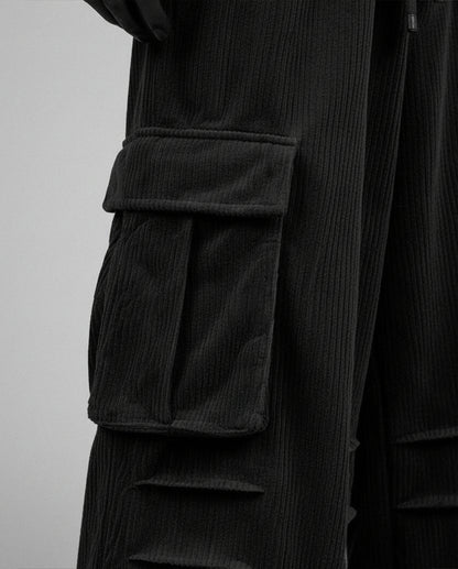 Baggy Ribbed Velvet Cargo Pants with Rear Phone Pocket – ( BLACK)