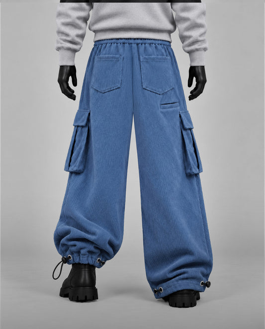 Baggy Ribbed Velvet Cargo Pants with Rear Phone Pocket – ( dusty Blue)